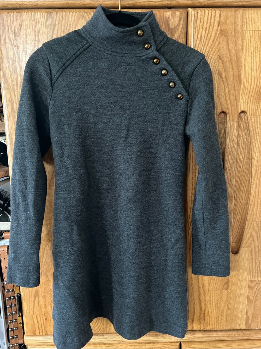 Milly of New York wool blend mock neck button detail charcoal gray shift dress